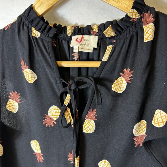 Kate Spade NY Black Yellow Pineapple Print V-Neck Ruffle Hem Blouse Size XXS - Picture 4 of 13